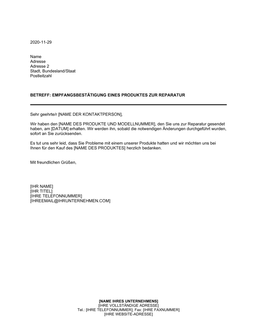 Business-in-a-Box's Empfangsbestätigung eines Produktes zur Reparatur