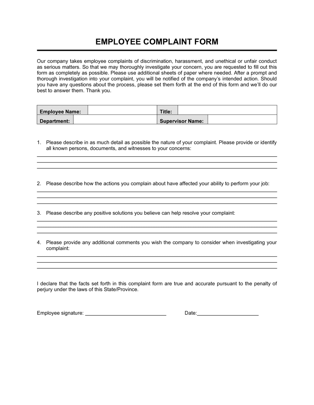 Printable Employee Complaint Form Template Printable Forms Free Online