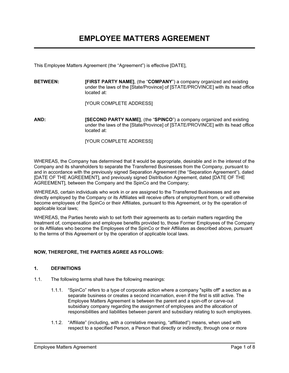 Business-in-a-Box's Employee Matters Agreement Template
