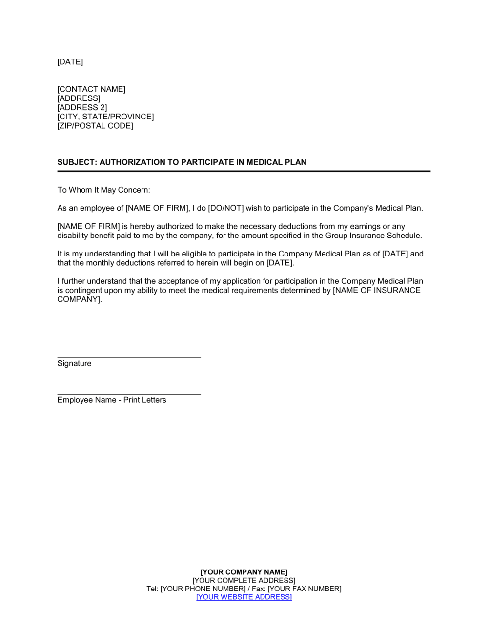 Business-in-a-Box's Employee Request to Participate in Medical Plan Template