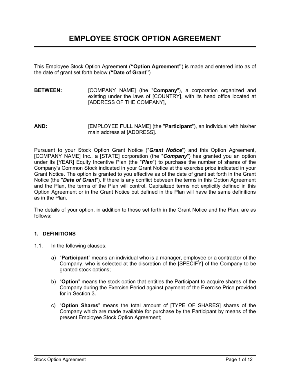 Employee Stock Option Agreement Template (Download)