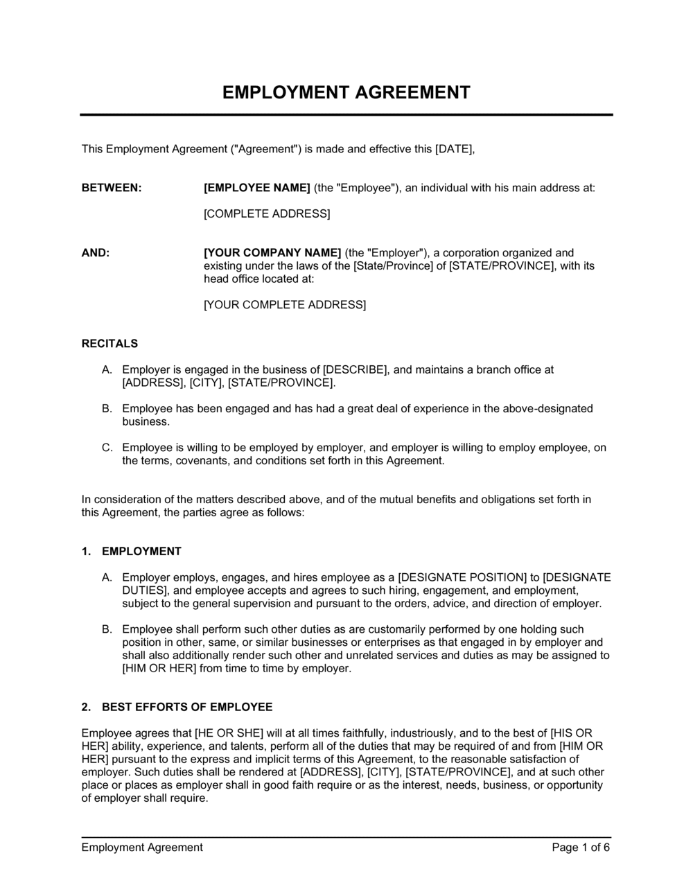 employment agreement template by business in a box