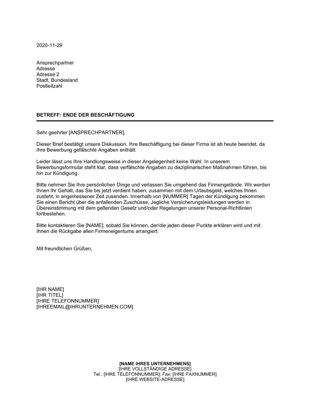 Business-in-a-Box's Ende der Beschäftigung Falsche Information des Mitarbeiters