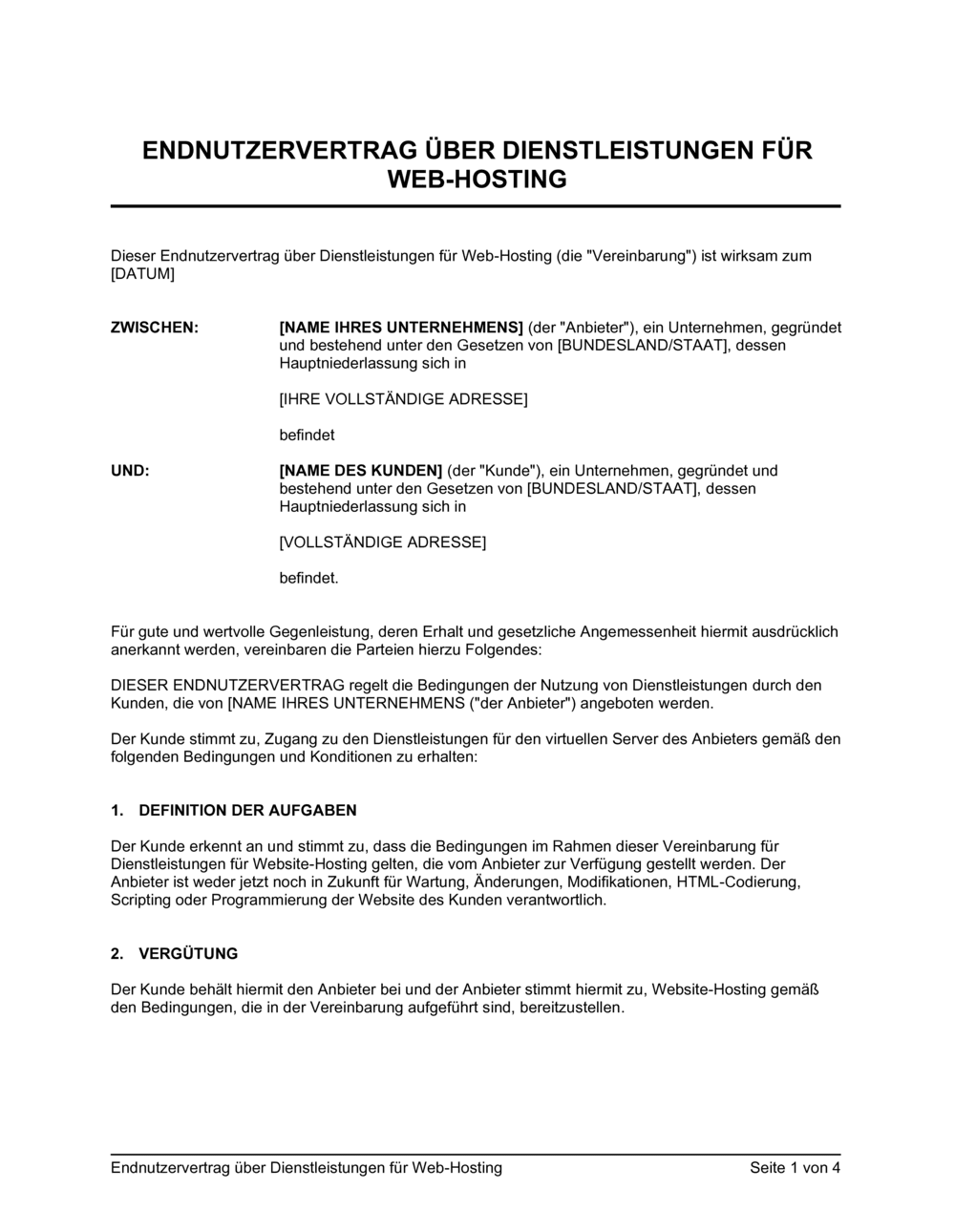 Business-in-a-Box's Endnutzervertrag über Dienstleistungen für Web Hosting