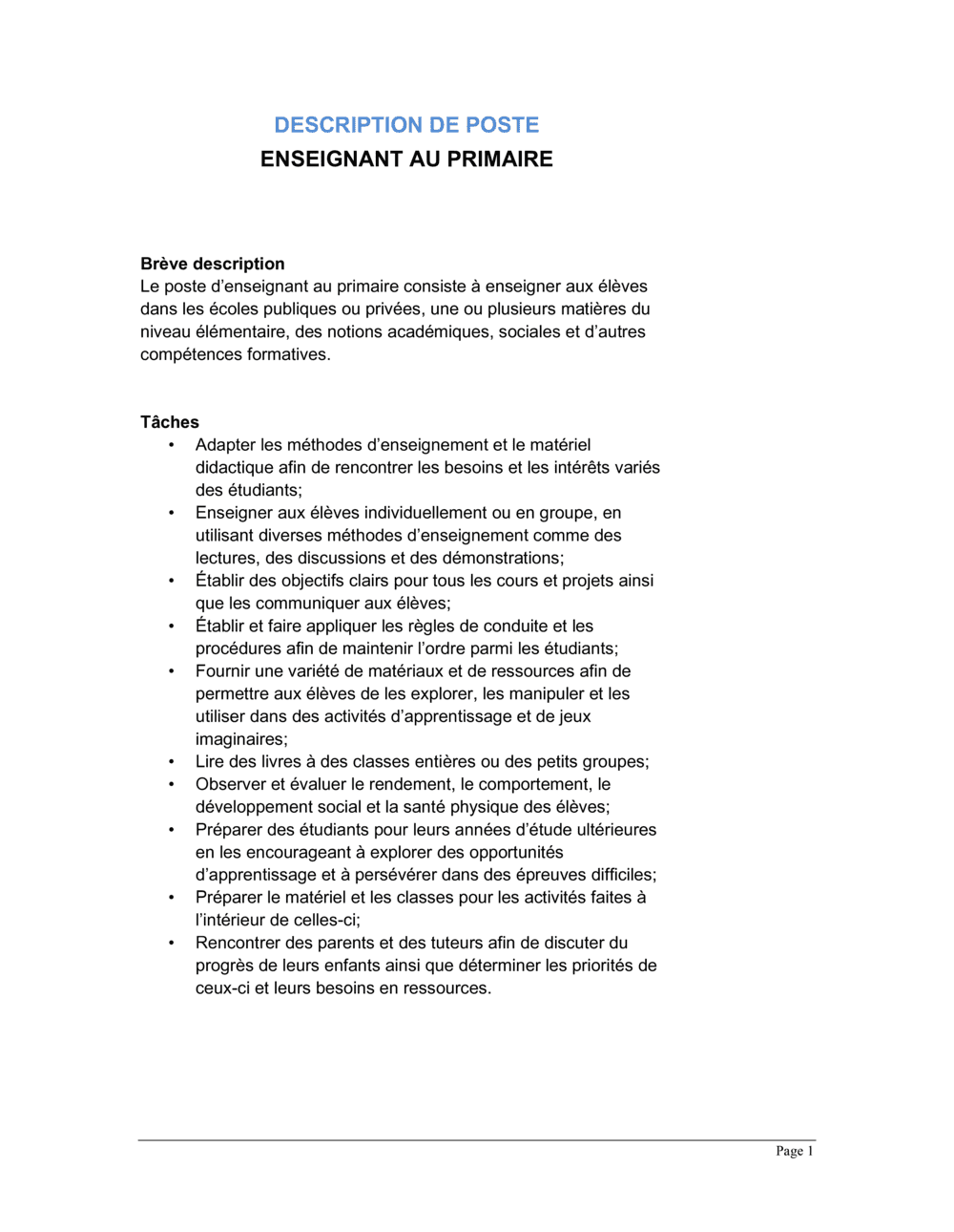 Business-in-a-Box's Enseignant au primaire Description de poste