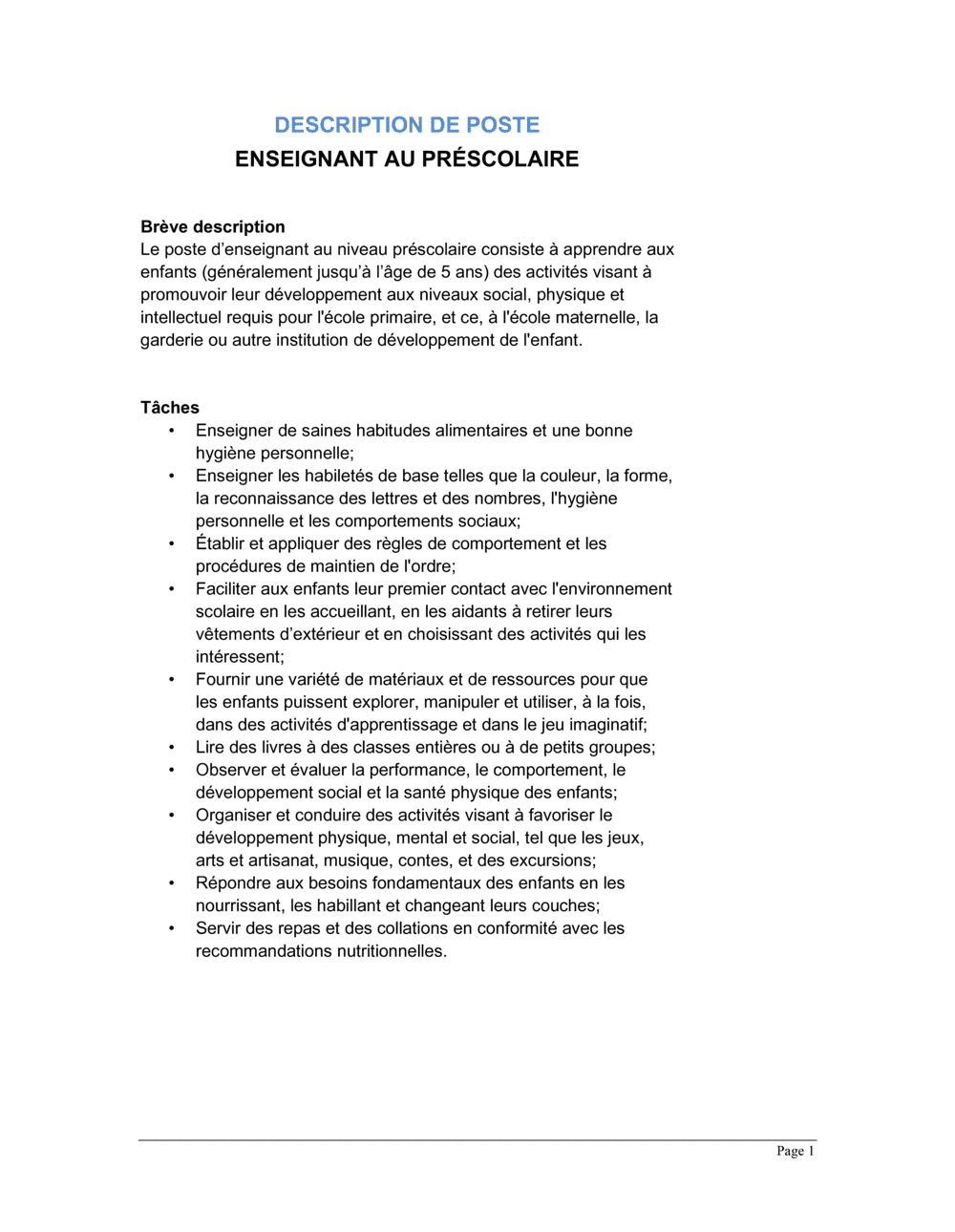 Business-in-a-Box's Enseignant au préscolaire Description de poste