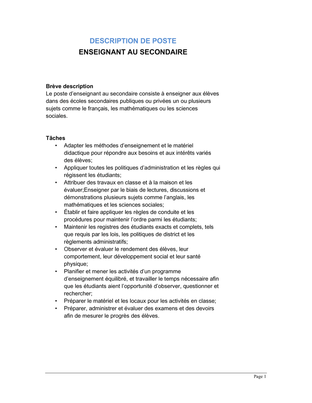 Business-in-a-Box's Enseignant au secondaire Description de poste