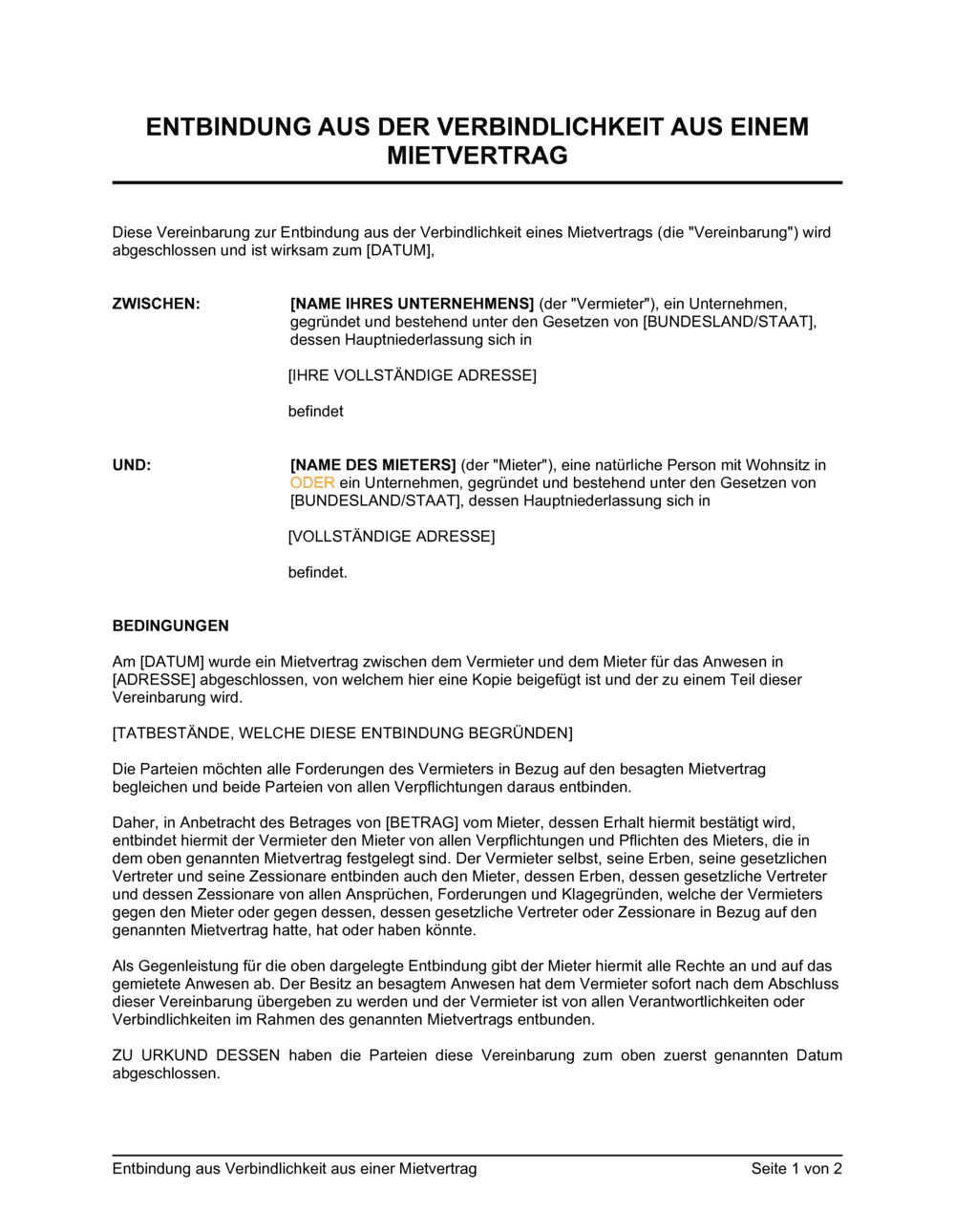 Business-in-a-Box's Entbindung aus Verbindlichkeit aus einer Mietvertrag