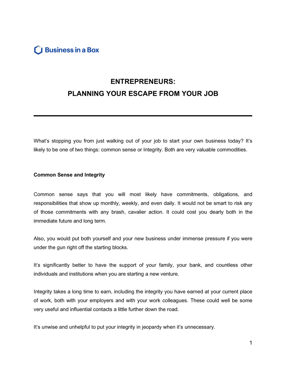 Business-in-a-Box's Entrepreneurs - Planning Your Escape From Your Job Template