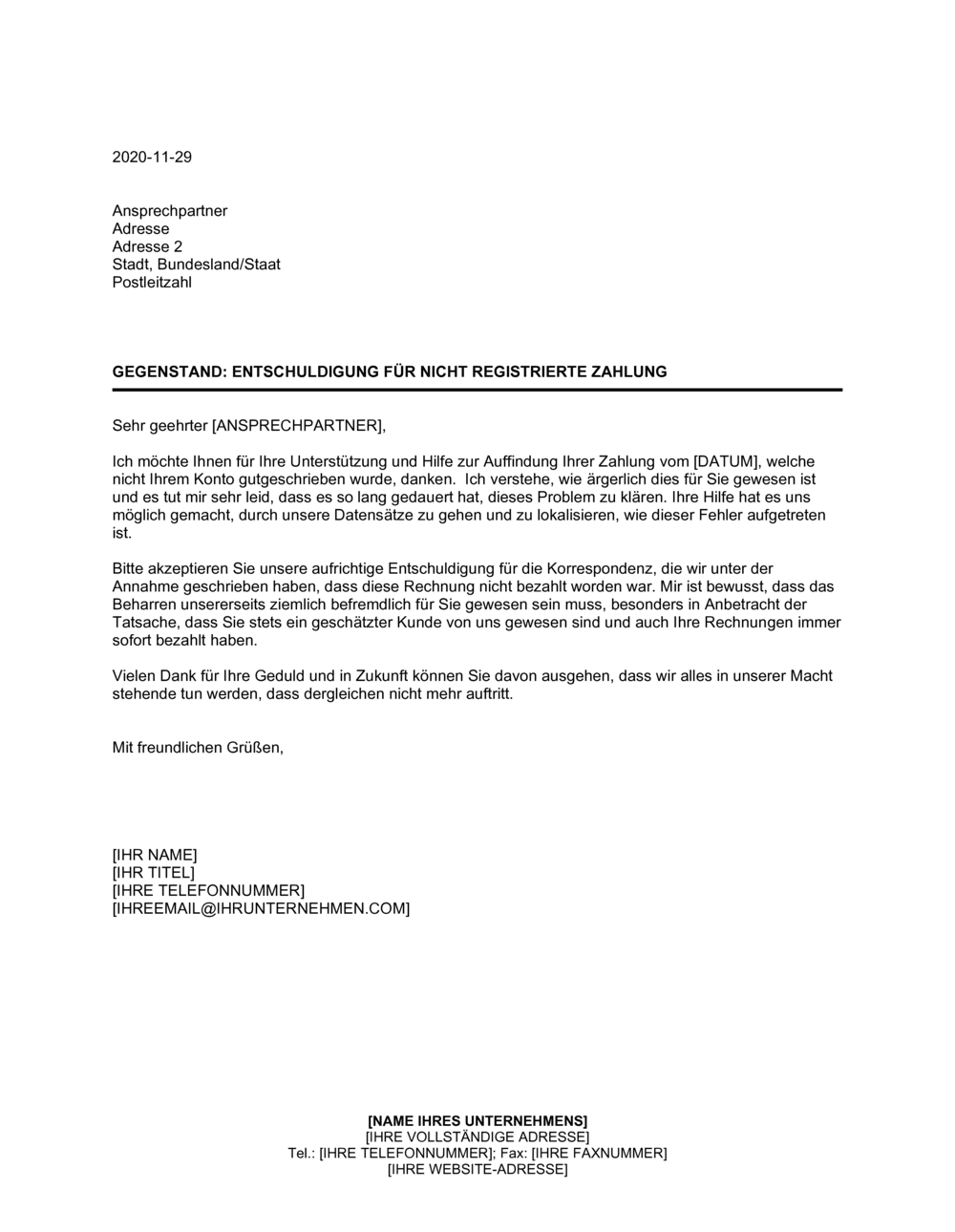 Business-in-a-Box's Entschuldigung für nicht registrierte Zahlung