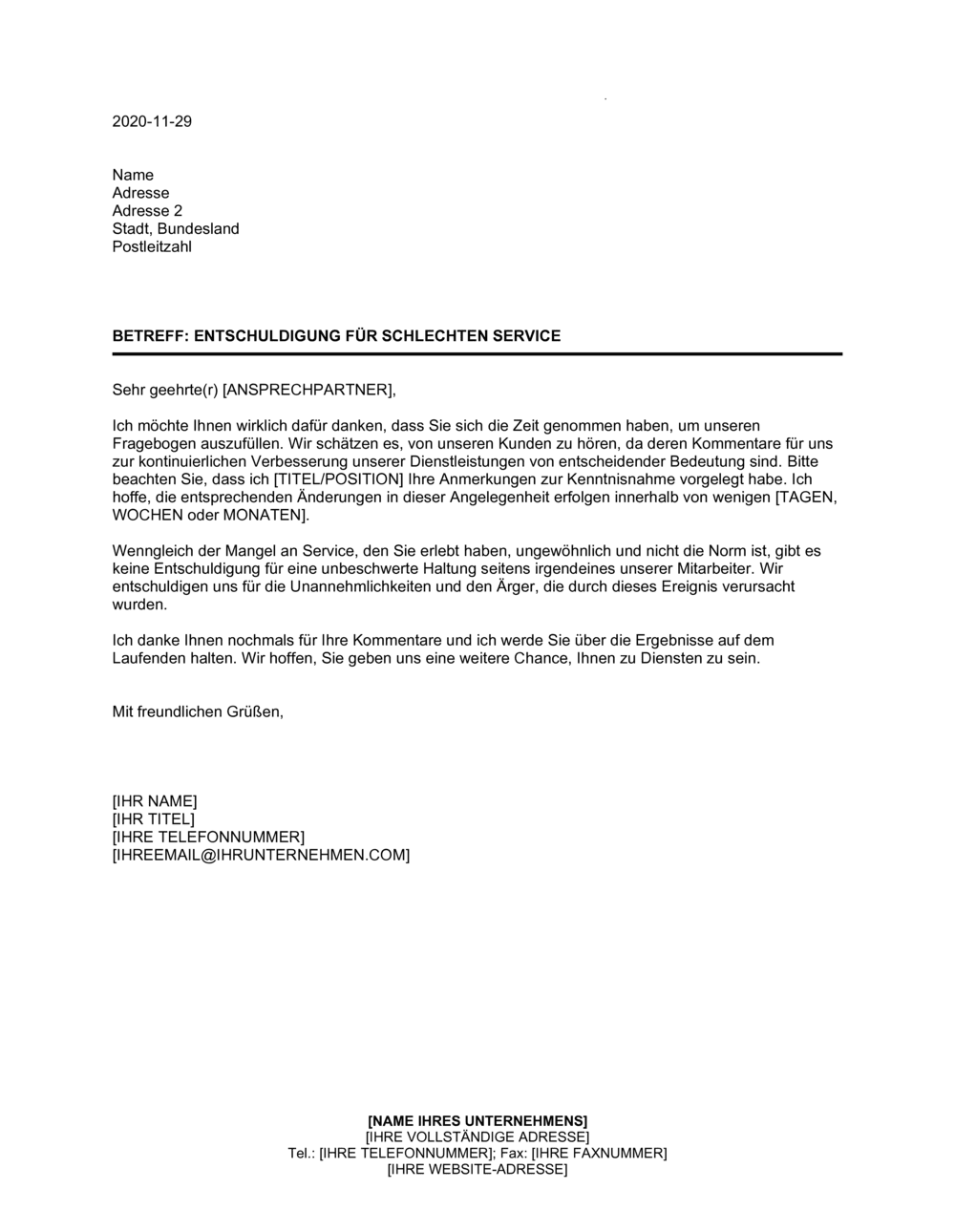 Business-in-a-Box's Entschuldigung für schlechte Service-Bewertung in Fragebogen für Kunden