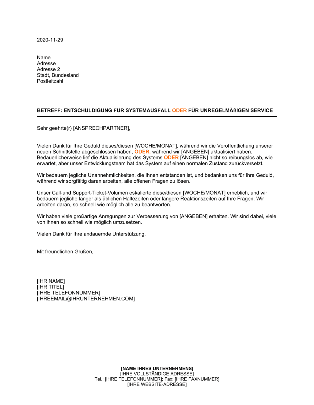 Business-in-a-Box's Entschuldigung für Systemausfall oder für unregelmäßigen Service