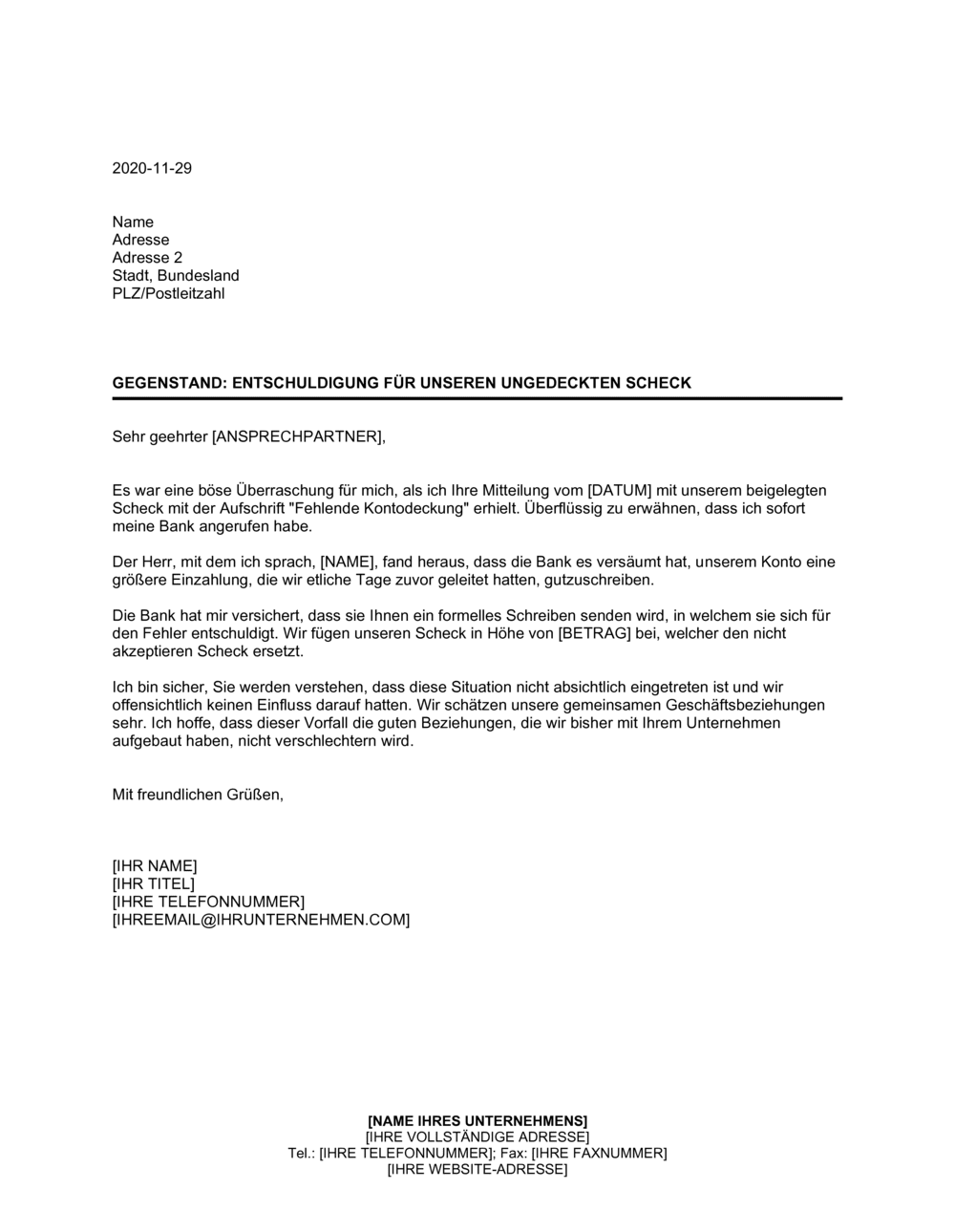 Business-in-a-Box's Entschuldigung für unseren ungedeckten Scheck