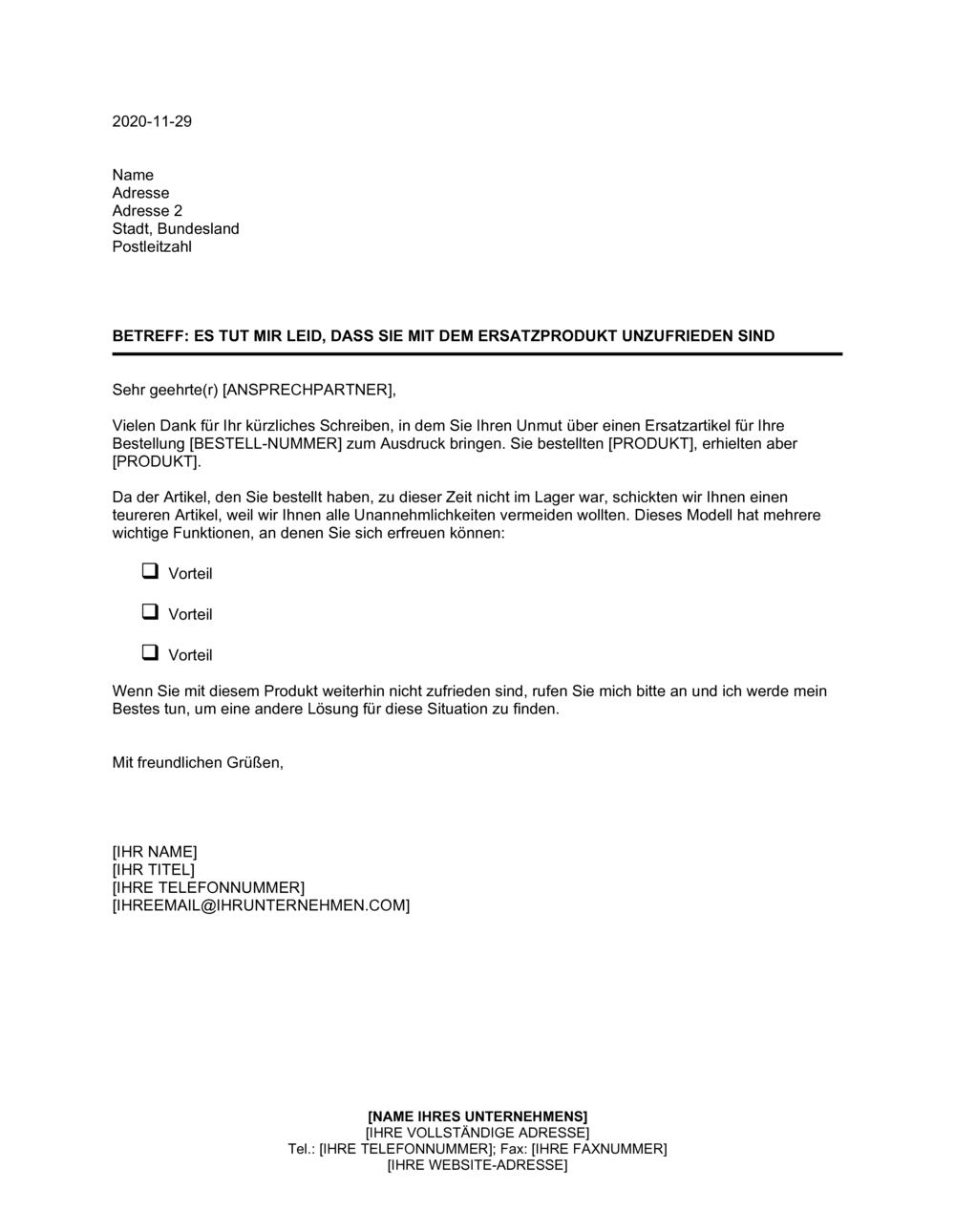 Business-in-a-Box's Entschuldigung für Unzufriedenheit mit dem Ersatzprodukt