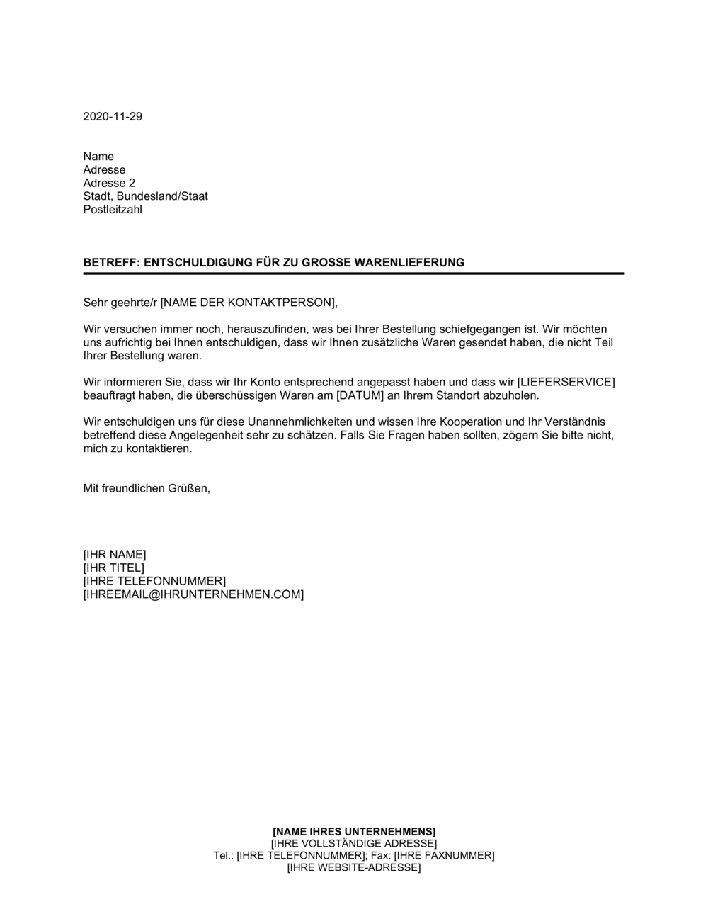 Business-in-a-Box's Entschuldigung für zu grosse Warenlieferung