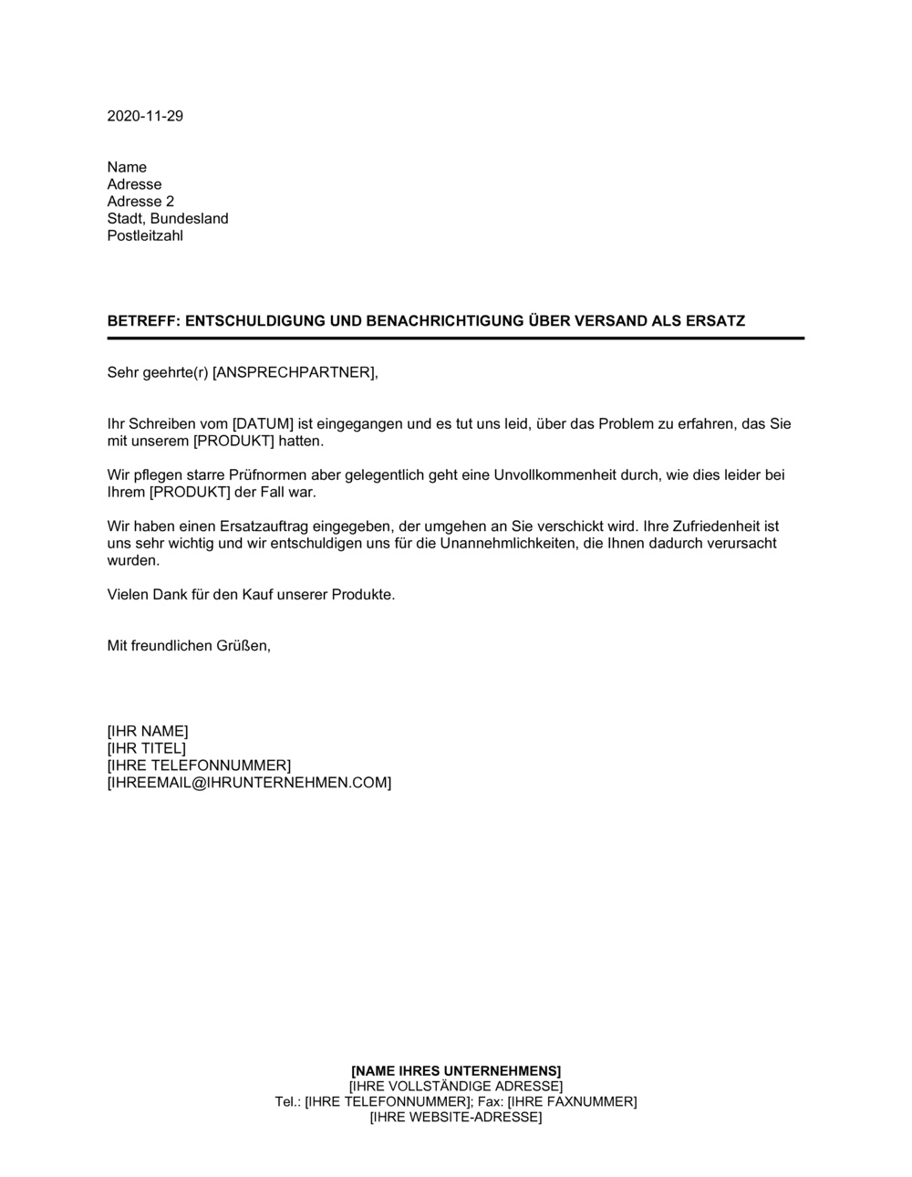 Business-in-a-Box's Entschuldigung und Benachrichtigung über Versand von Ersatz