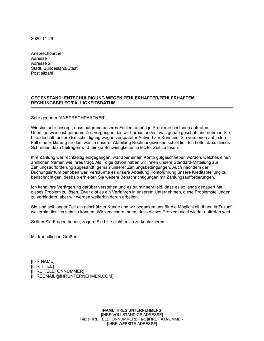 Business-in-a-Box's Entschuldigung wegen fehlerhafterfehlerhaftem Rechnungsbeleg Fälligkeitsdatum
