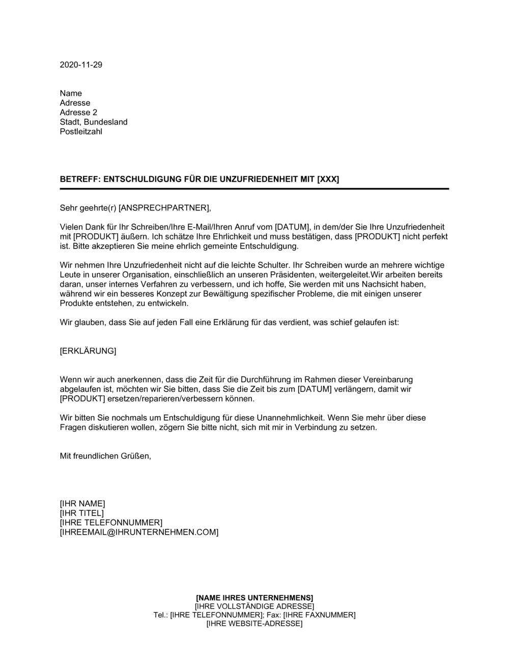 Business-in-a-Box's Entschuldigungsschreiben - Unzufriedenheit mit der Qualität des Produkts