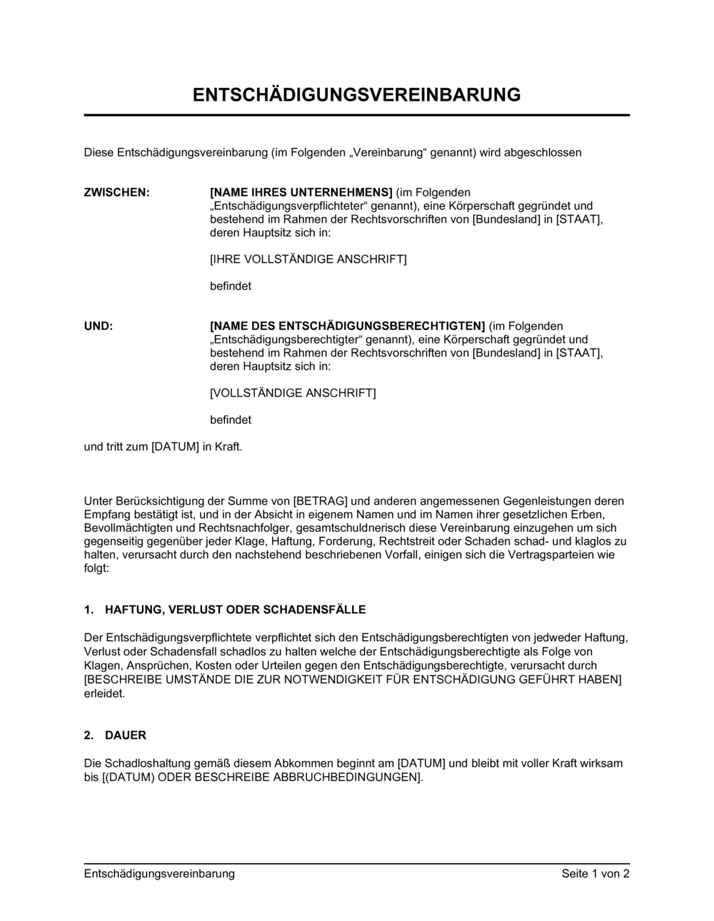 Business-in-a-Box's Entschädigungsvereinbarung