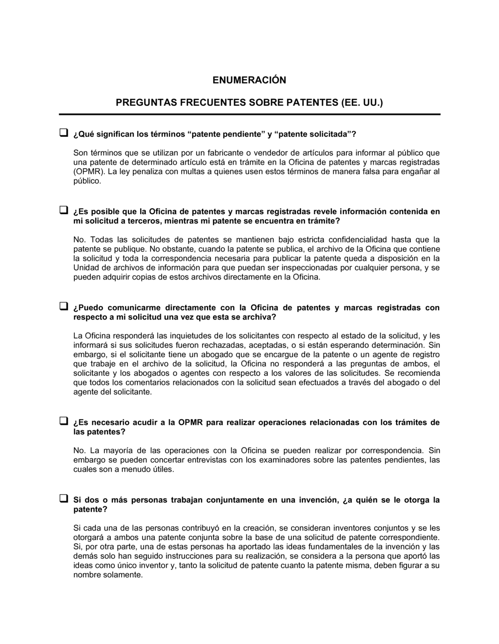 Business-in-a-Box's Enumeración preguntas frecuentes sobre patentes