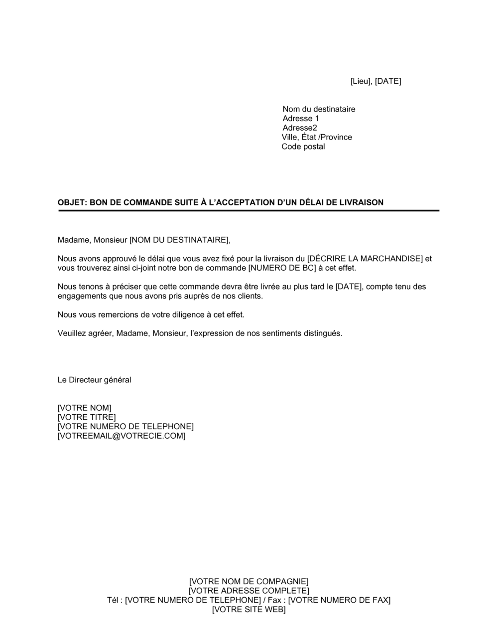 Business-in-a-Box's Envoi du bon de commande suite à l'acceptation du délai de livraison