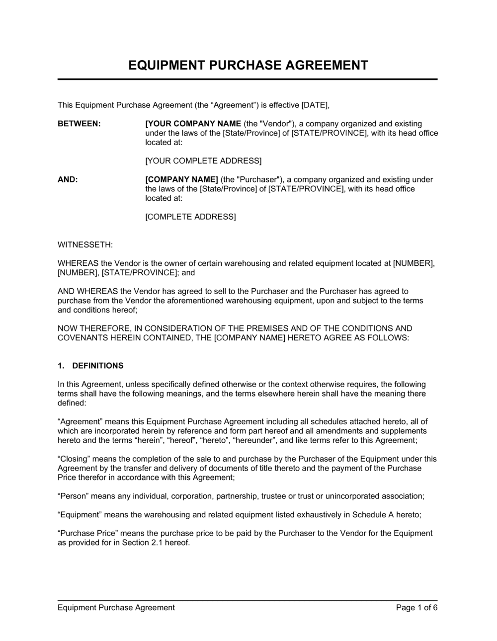 equipment purchase agreement template