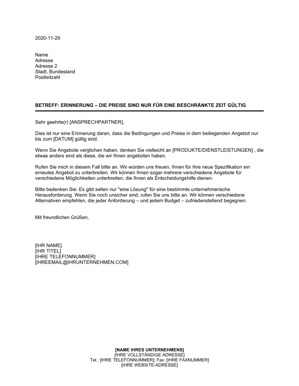 Business-in-a-Box's Erinnerung - Die Preise in diesem Kostenvoranschlag sind nur für eine beschränkte Zeit gültig