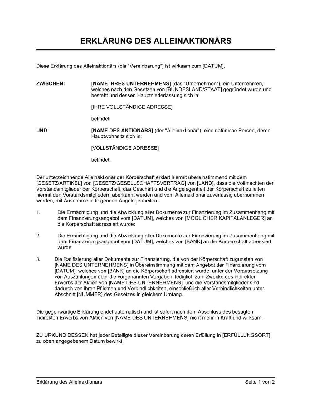 Business-in-a-Box's Erklärung des Alleinaktionärs