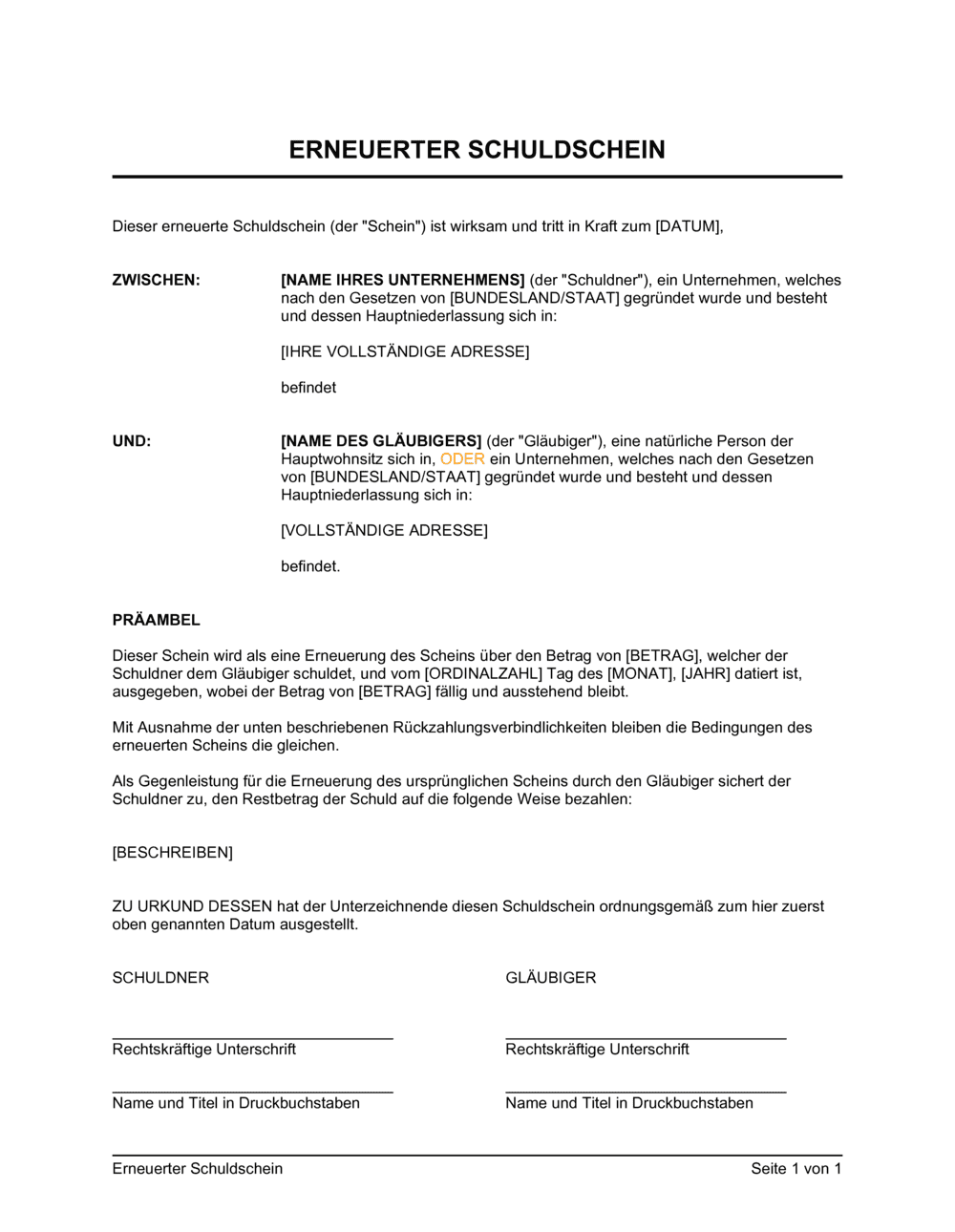 Business-in-a-Box's Erneuerter Schuldschein