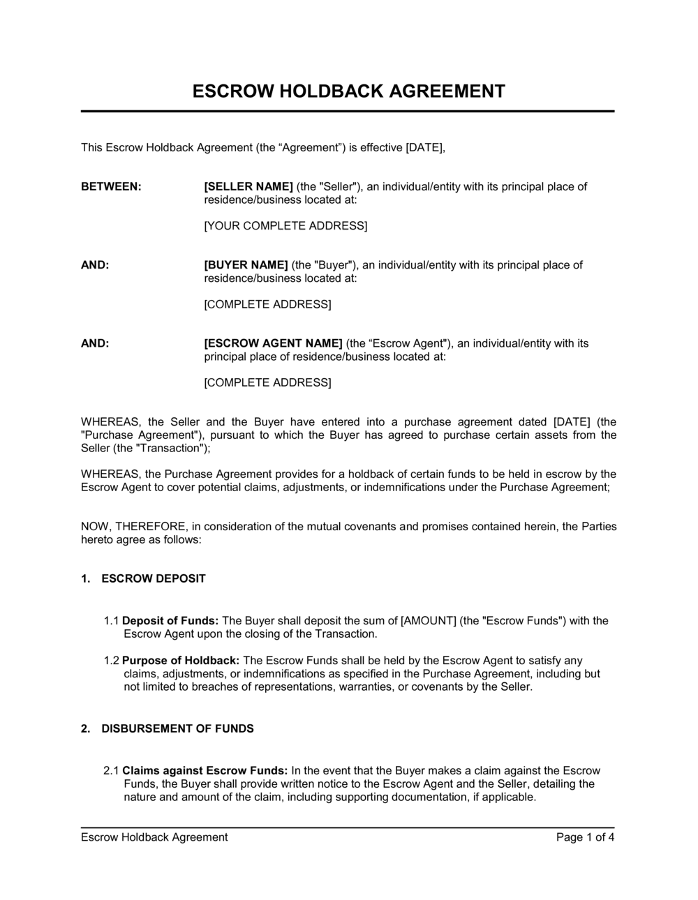 Business-in-a-Box's Escrow Holdback Agreement Template