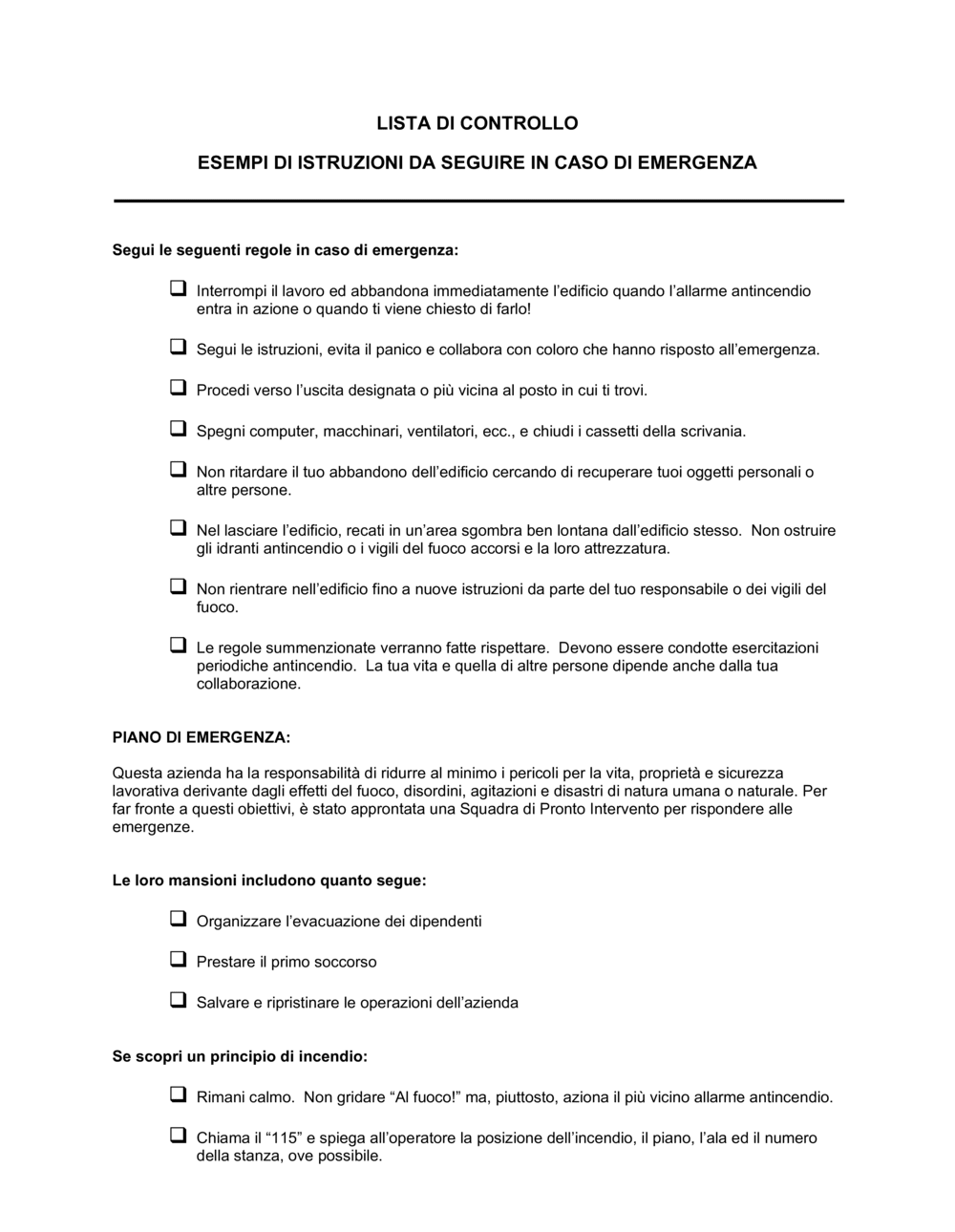 Business-in-a-Box's Esempi di istruzioni da seguire in caso di emergenza