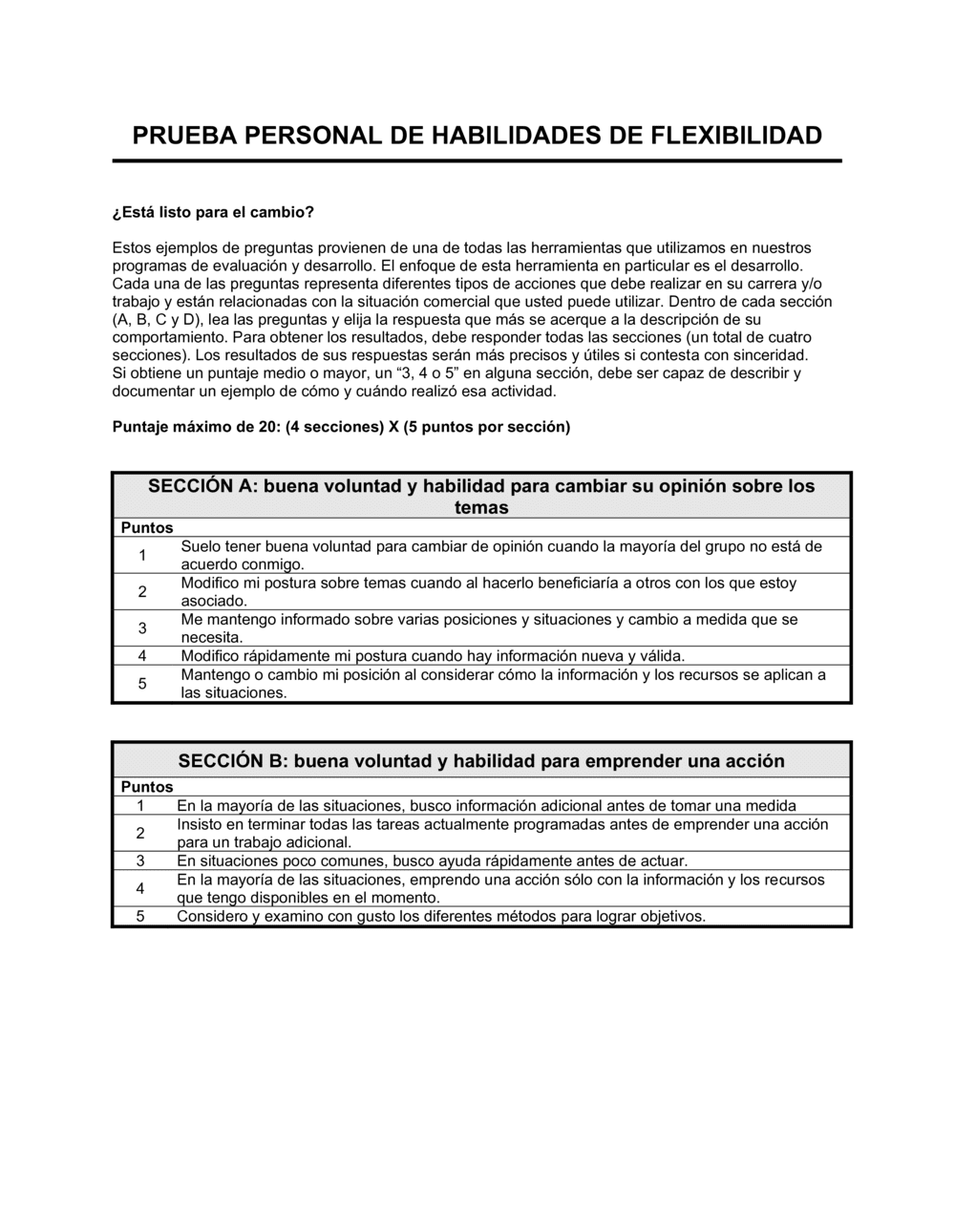 Business-in-a-Box's Evaluación de destrezas de flexibilidad personal