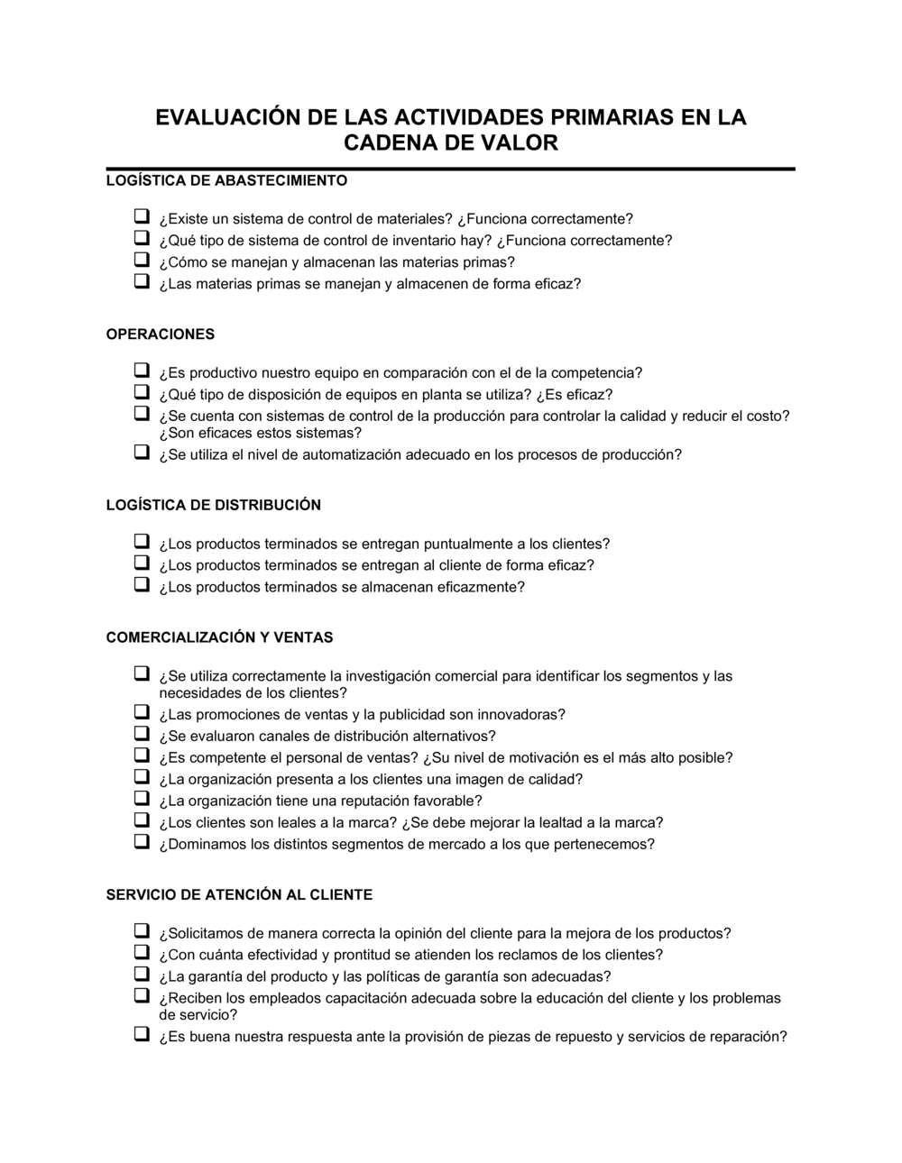 Business-in-a-Box's Evaluación de las actividades primarias en la cadena de valor