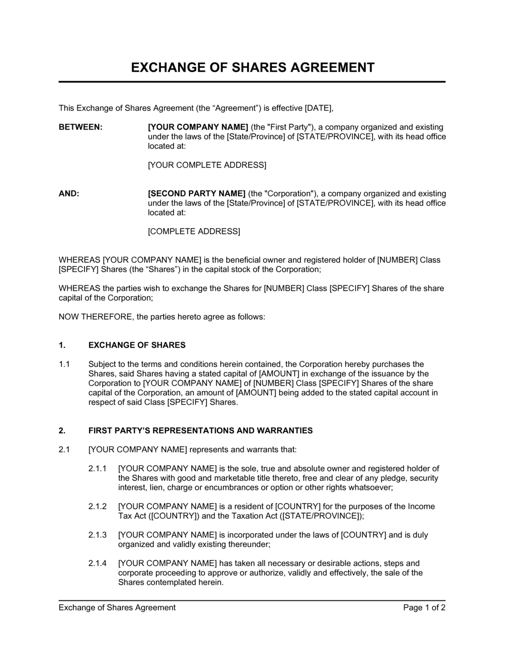 Exchange of Shares Agreement Template by Business in a Box™