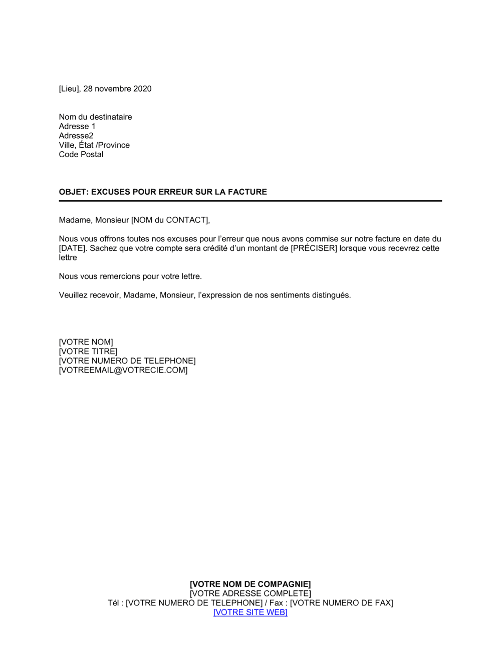 Business-in-a-Box's Excuses pour erreur sur facture