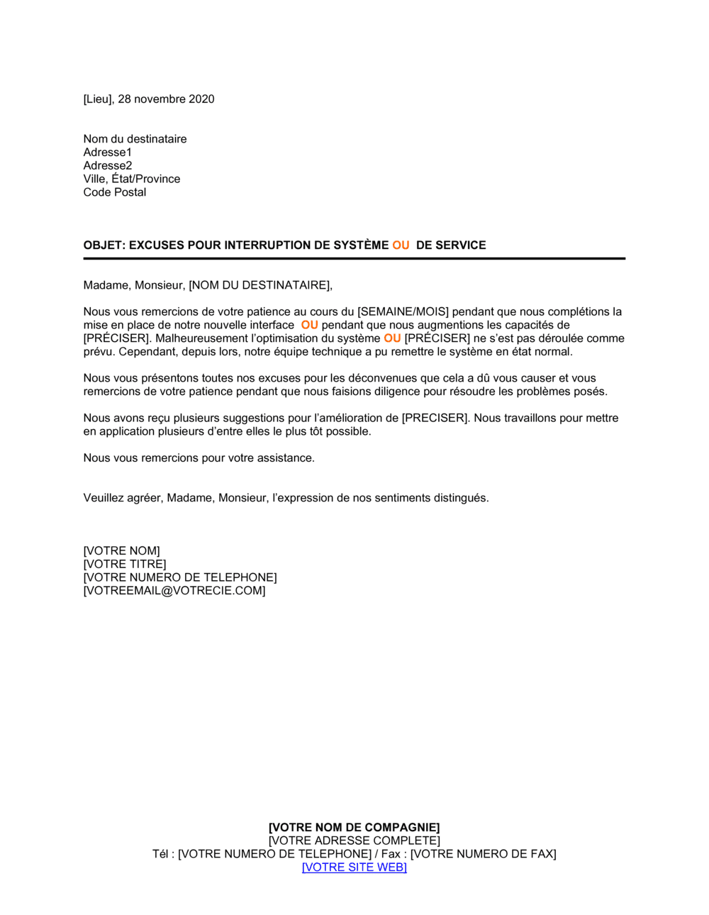 Business-in-a-Box's Excuses pour interruption de système ou de service