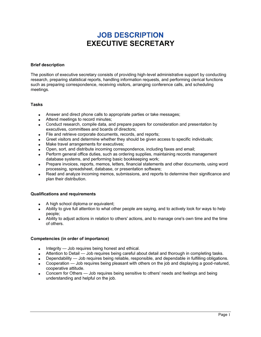job description for secretary in resume