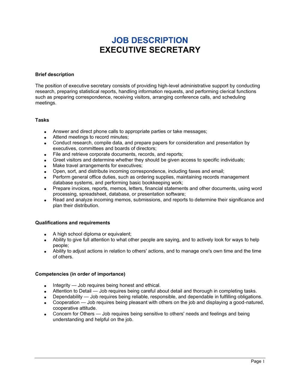 Executive Secretary To Ceo Job Description Job Description Executive 