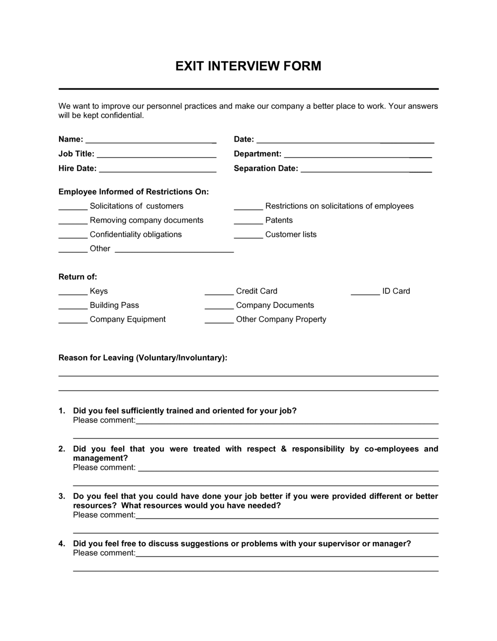 Exit Interview Form Template  by Business-in-a-Box™ With Regard To Word Employee Suggestion Form Template