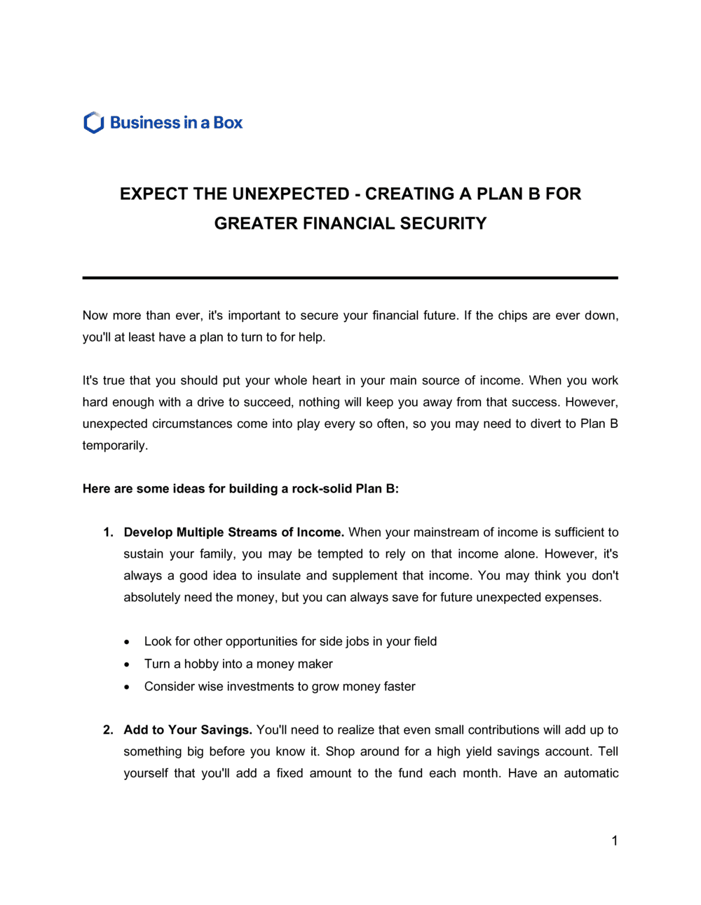 Business-in-a-Box's Expect The Unexpected Creating A Plan B For Greater Financial Security Template