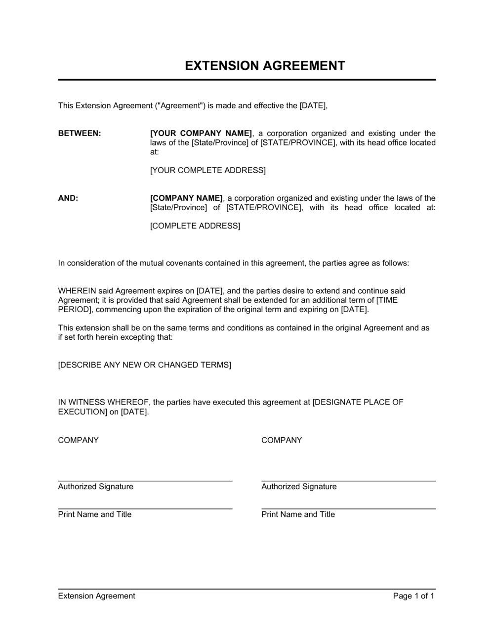 Extension Of Agreement Template Free Word 