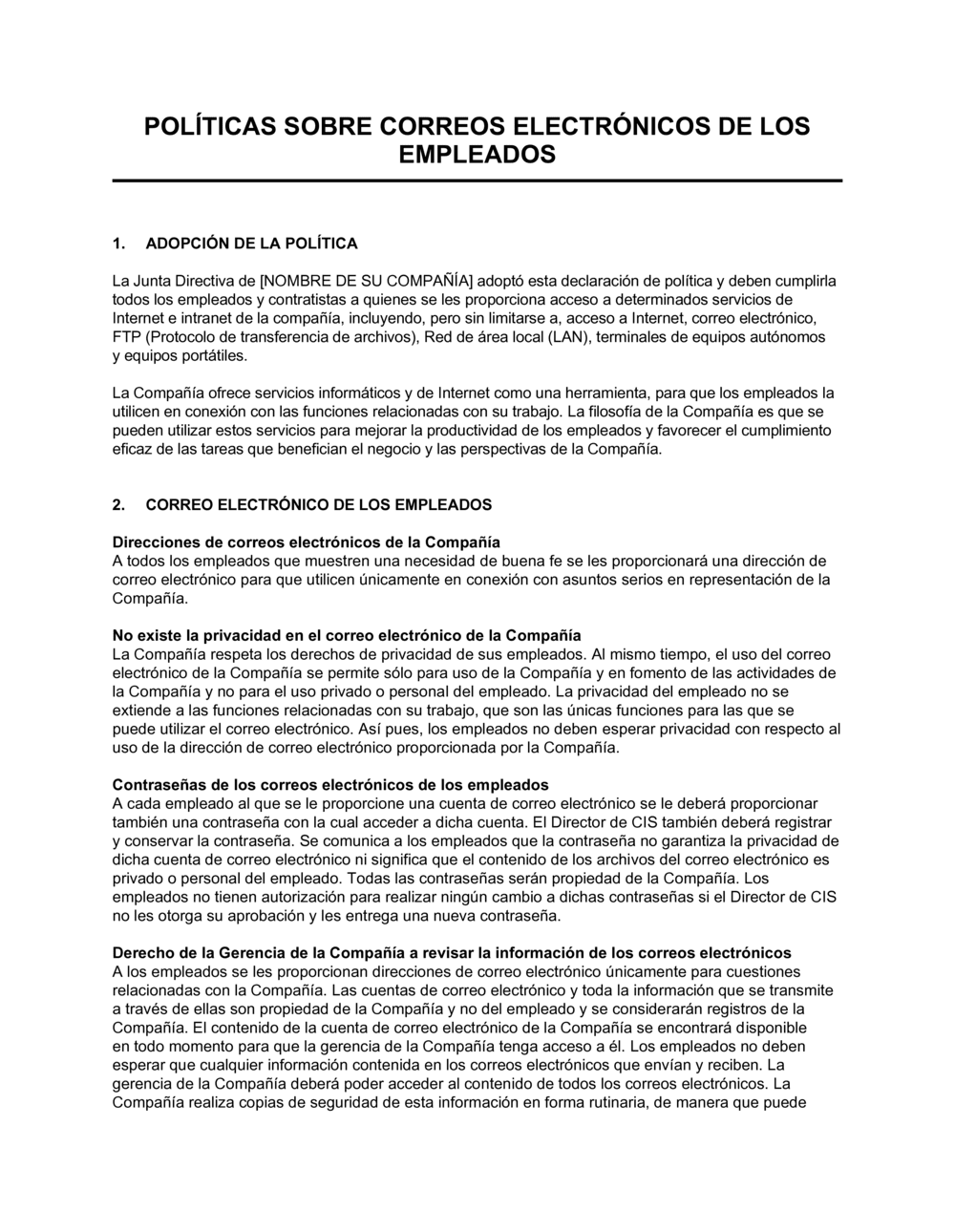 Business-in-a-Box's Extensión de la política acerca de correo electrónico del empleado