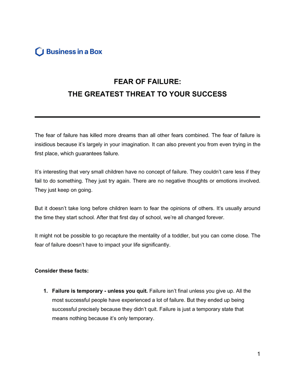 Business-in-a-Box's Fear Of Failure The Greatest Threat To Your Success Template