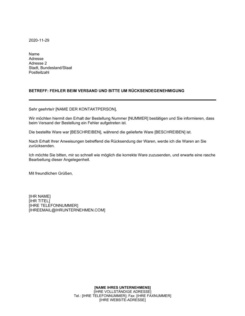 Business-in-a-Box's Fehler beim Versand und Bitte um Rücksendegenehmigung