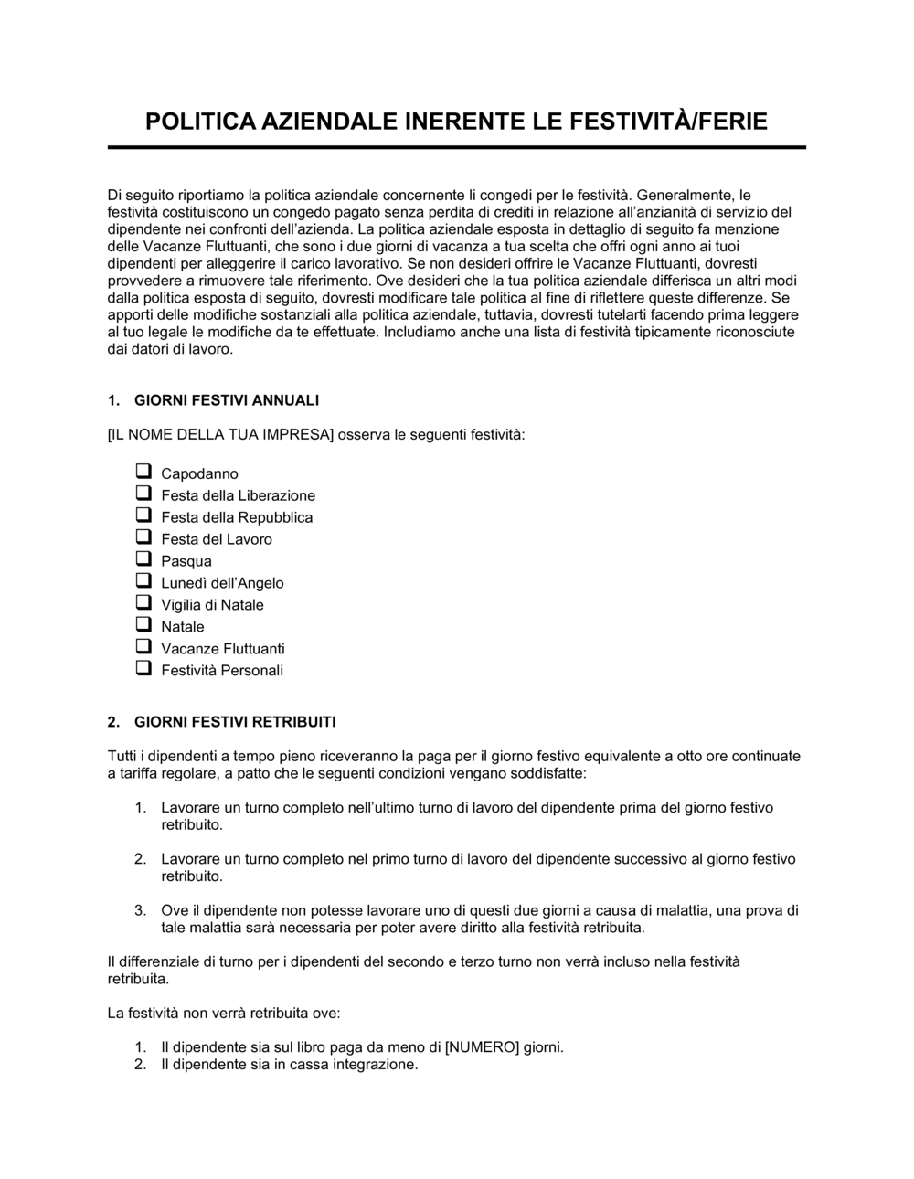 Business-in-a-Box's Festività ferie