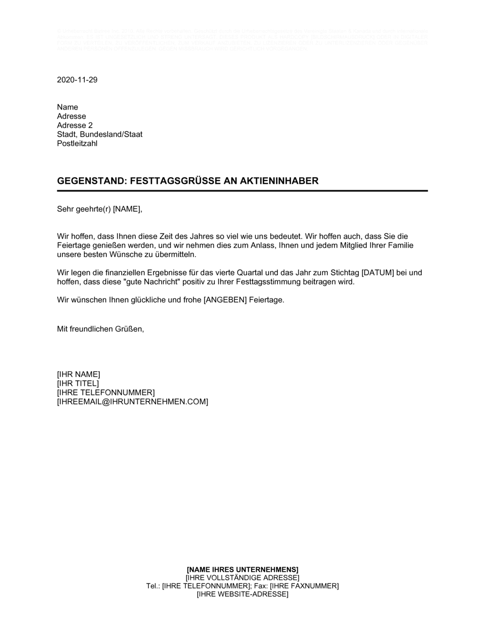 Business-in-a-Box's Festtagsgrüße an Aktieninhaber