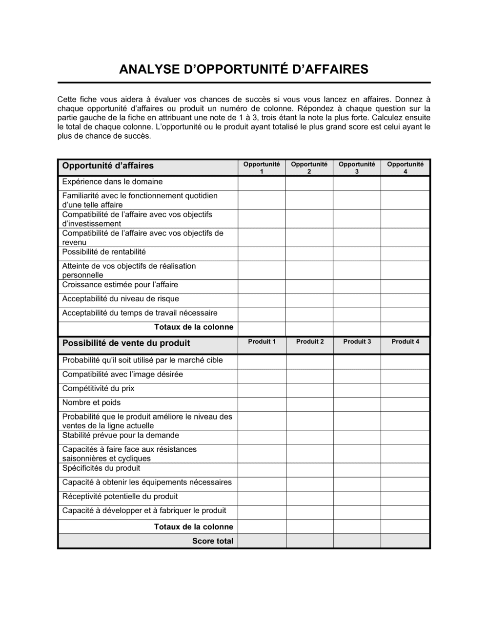 Business-in-a-Box's Fiche d'analyse d'une opportunité d'affaires