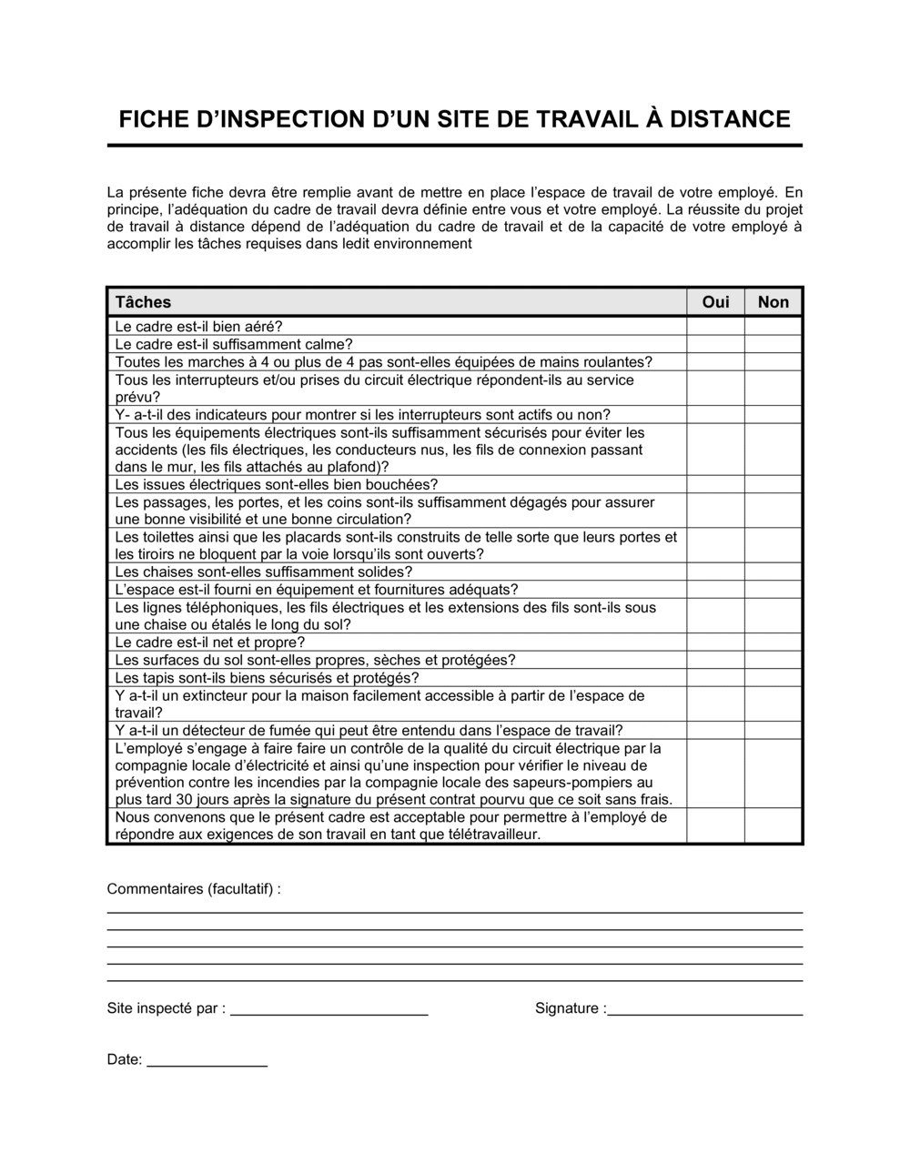 Business-in-a-Box's Fiche d'inspection de site de travail à distance