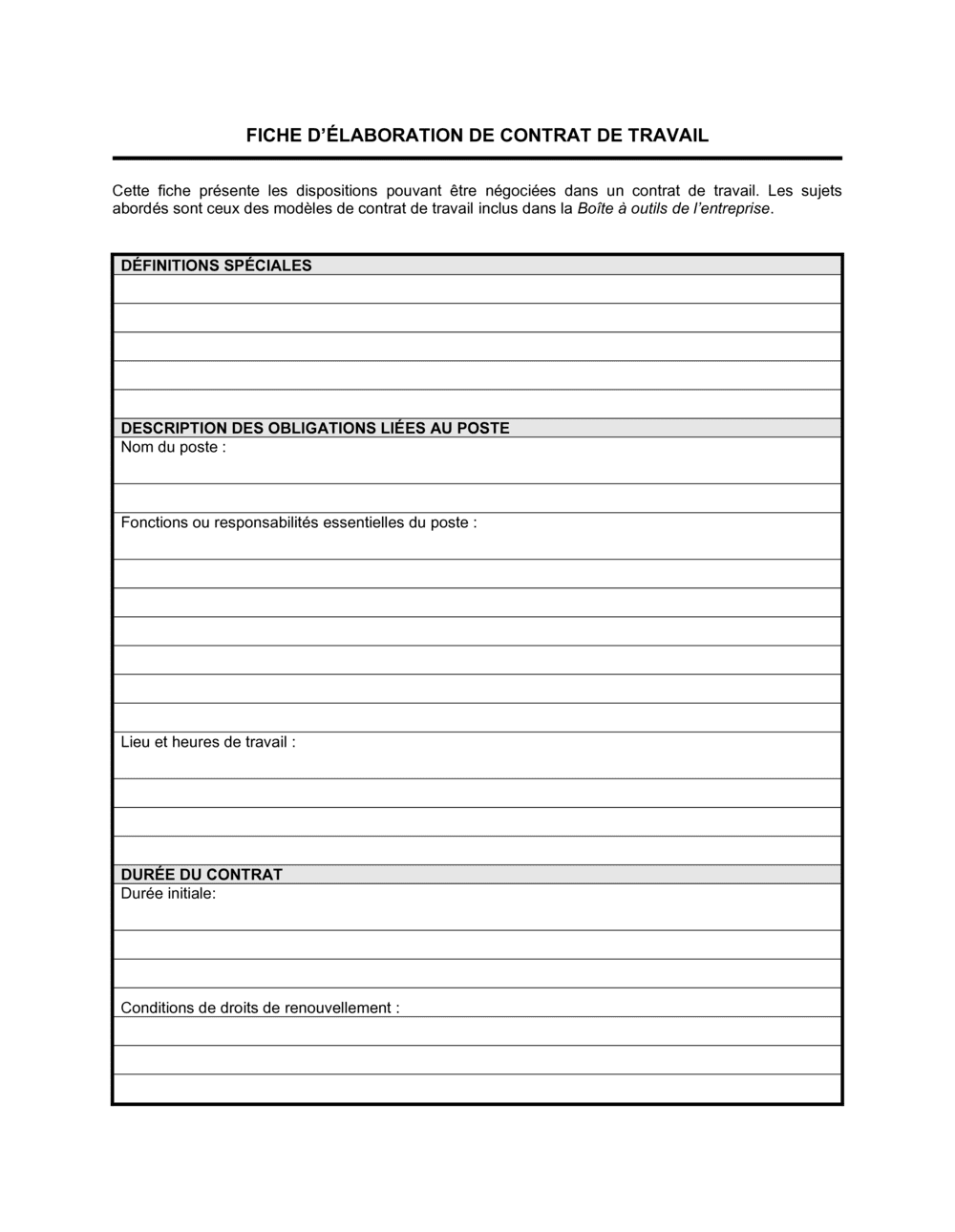 Business-in-a-Box's Fiche d'élaboration d'un contrat de travail