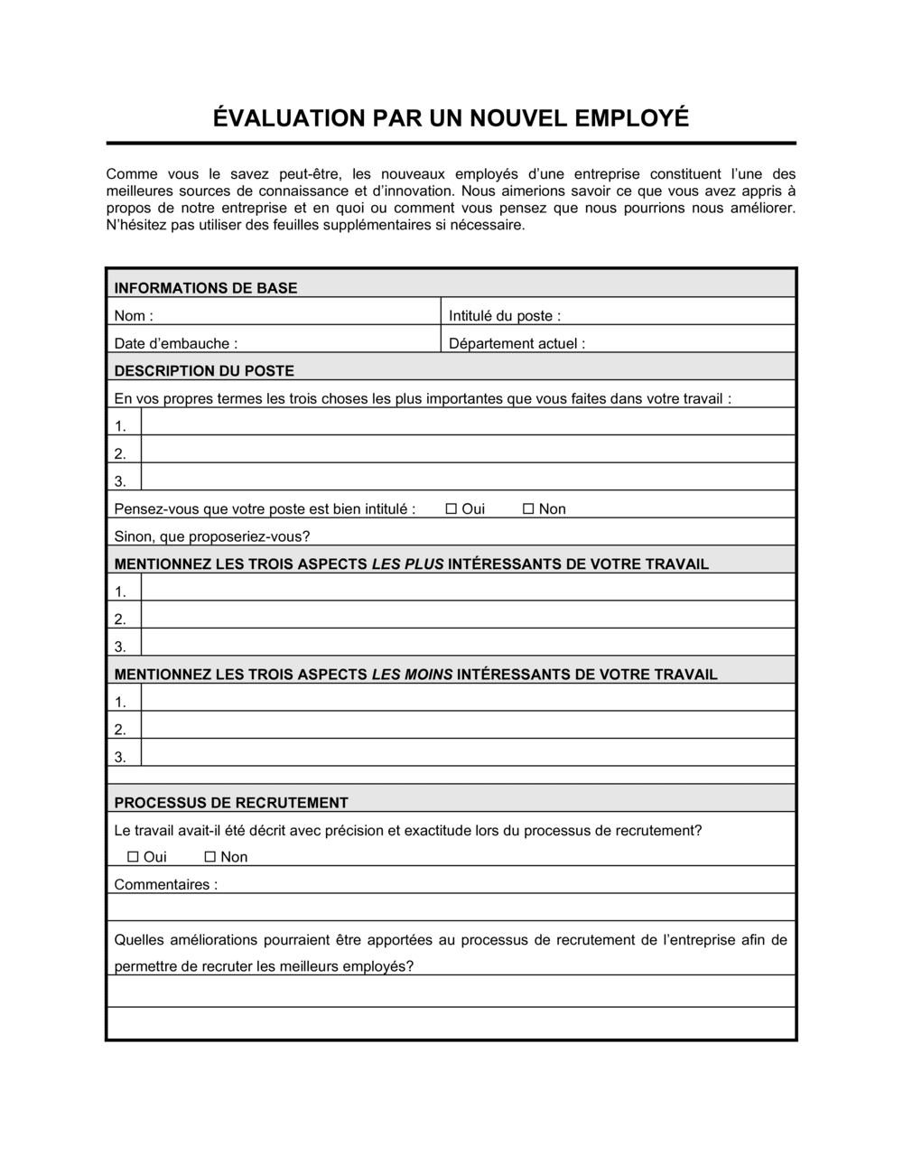 Business-in-a-Box's Fiche d'évaluation de l'entreprise par un nouvel employé